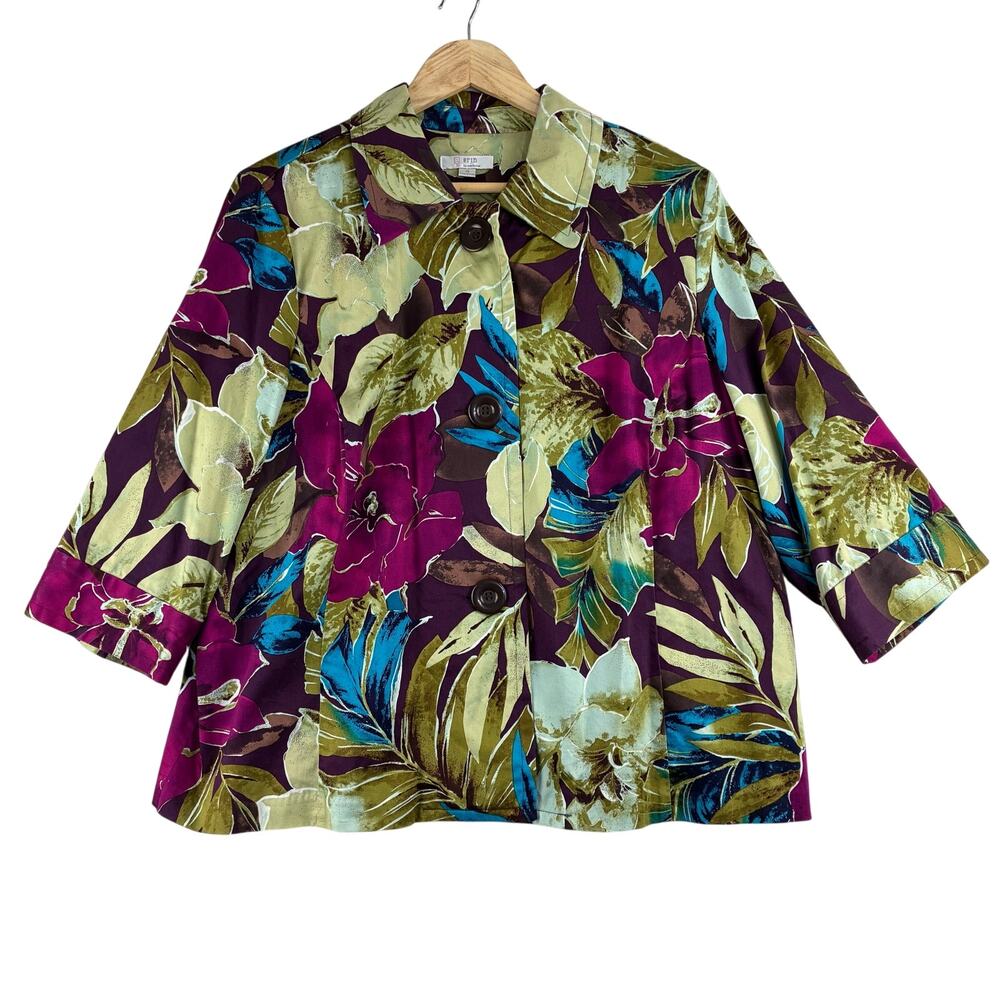 Erin London 3/4 Sleeve Floral Jacket Women's 1X Cotton Stretch Tropical Artsy